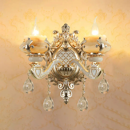 Antique Gold Jade Floral Wall Light With Crystal Accent - Elegant Living Room Lighting Fixture 2 / A