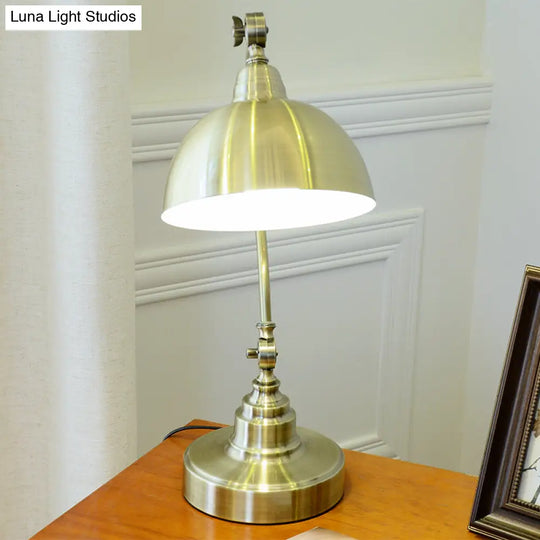 Antique Gold Night Lamp With Adjustable Joint And Curved Arm - Vintage Table Light Metal Bowl Shade