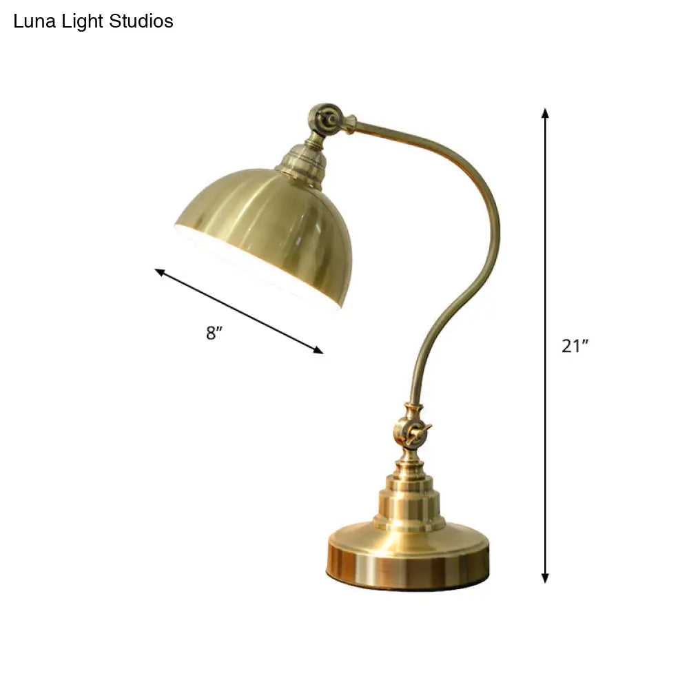 Antique Gold Night Lamp With Adjustable Joint And Curved Arm - Vintage Table Light Metal Bowl Shade