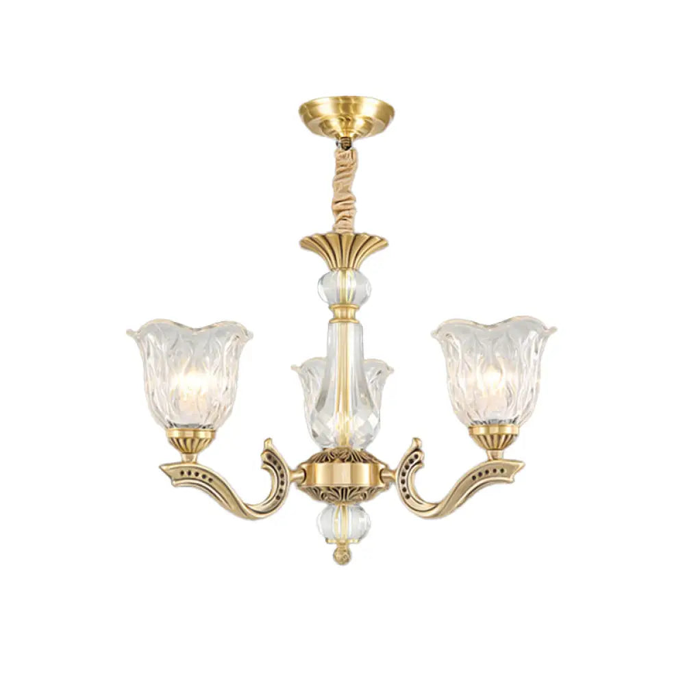 Antique Gold Scalloped Crystal Glass Chandelier With 3 Lights