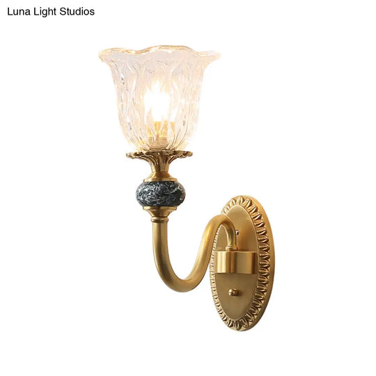 Antique Gold Wall Lamp With Clear Glass - Floral Bedroom Sconce Light Fixture