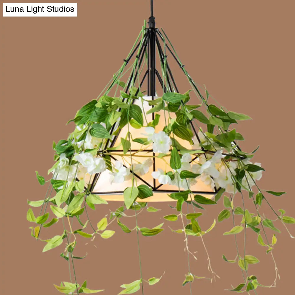 Antique Green Diamond Iron Plant Pendant Light With Tapered Fabric Shade - Single Restaurant Hanging