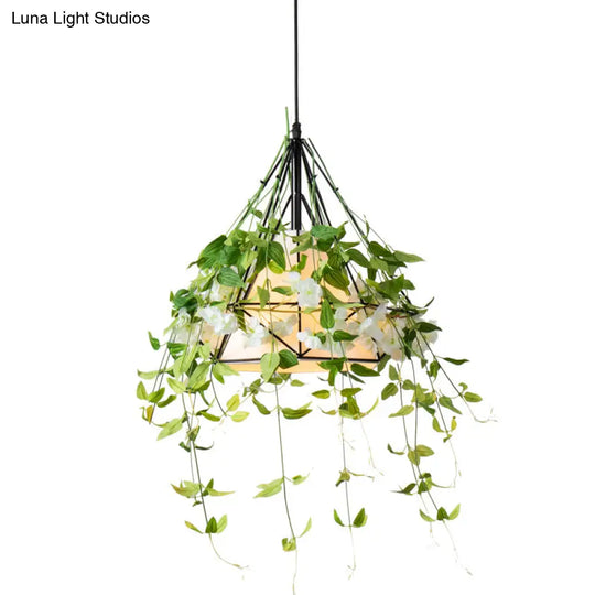 Green Diamond Iron Plant Pendant Light - Antique Single Restaurant Hanging Fixture With Tapered