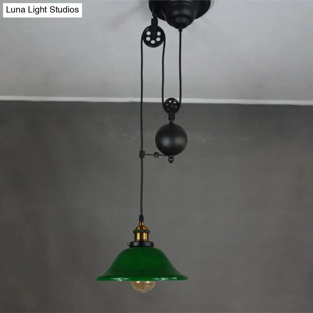 Antique Green Glass 1-Light Brass Pendant Fixture With Adjustable Pulley – Living Room Ceiling