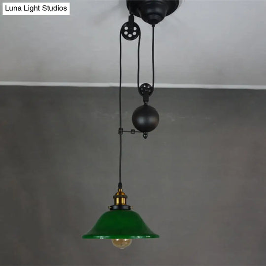 Antique Green Glass Pendant Ceiling Light With Brass Flared Fixture - Adjustable Pulley