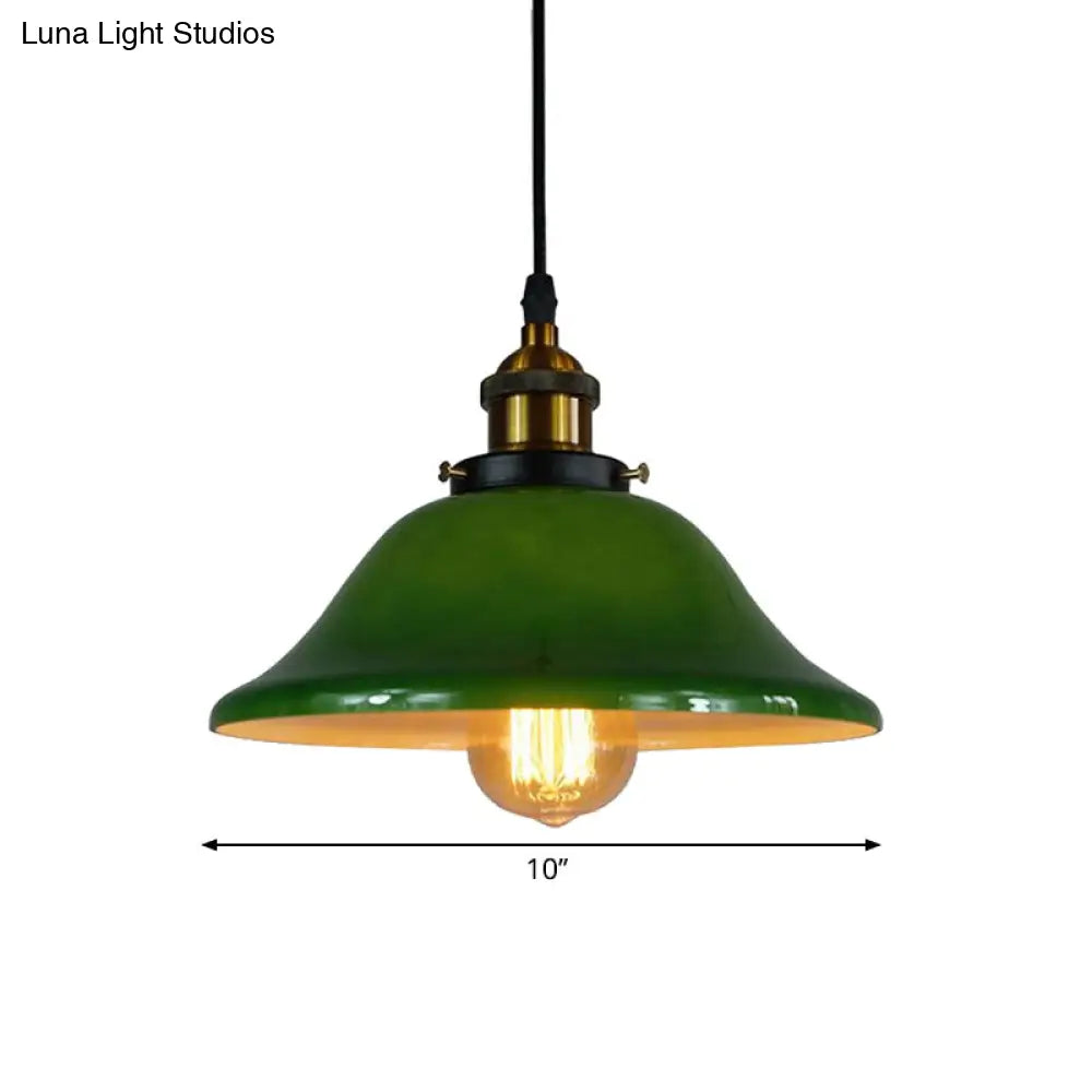 Antique Green Glass Pendant Ceiling Light With Brass Flared Fixture - Adjustable Pulley