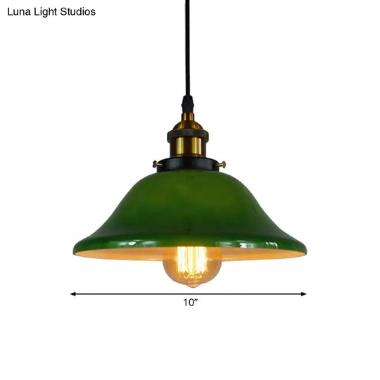 Antique Green Glass Pendant Ceiling Light With Brass Flared Fixture - Adjustable Pulley