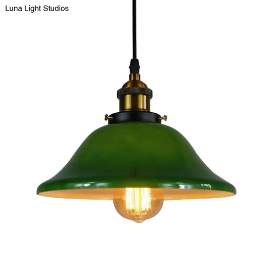 Antique Green Glass Pendant Ceiling Light With Brass Flared Fixture - Adjustable Pulley