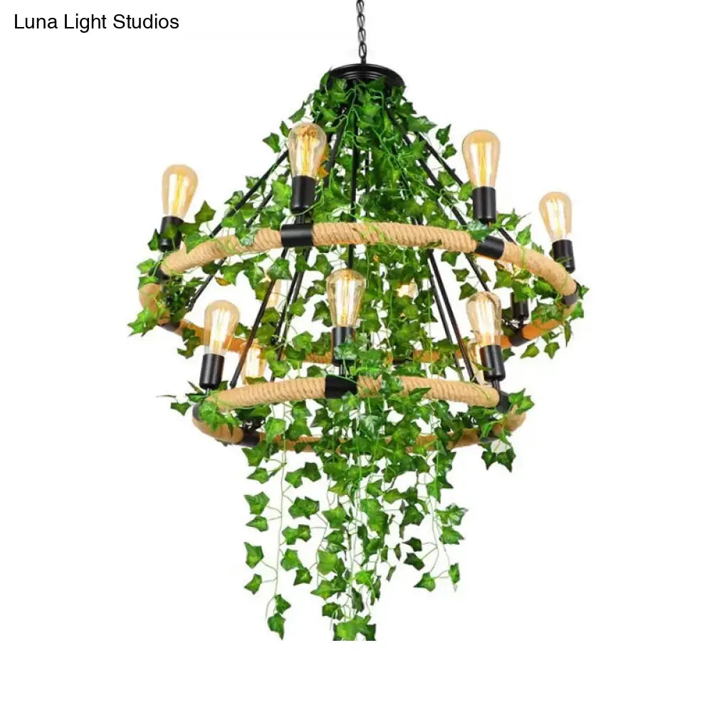 Green Circle Chandelier Lamp With Antique Manila Rope 6/8/14 Heads And Elegant Vine Deco Suspension