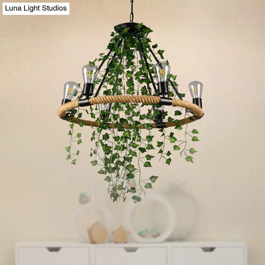 Green Circle Chandelier Lamp With Antique Manila Rope 6/8/14 Heads And Elegant Vine Deco Suspension