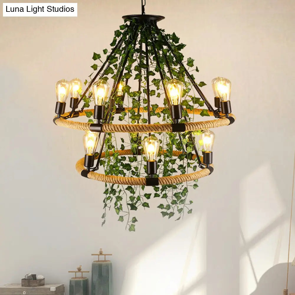 Green Circle Chandelier Lamp With Antique Manila Rope 6/8/14 Heads And Elegant Vine Deco Suspension