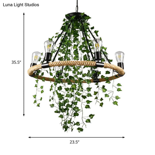 Green Circle Chandelier Lamp With Antique Manila Rope 6/8/14 Heads And Elegant Vine Deco Suspension