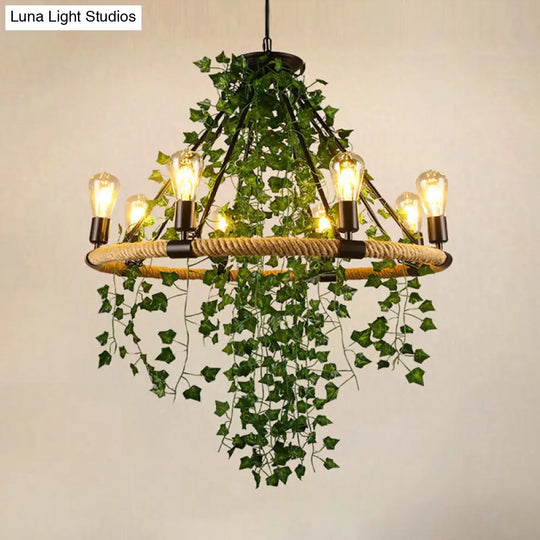 Green Circle Chandelier Lamp With Antique Manila Rope 6/8/14 Heads And Elegant Vine Deco Suspension