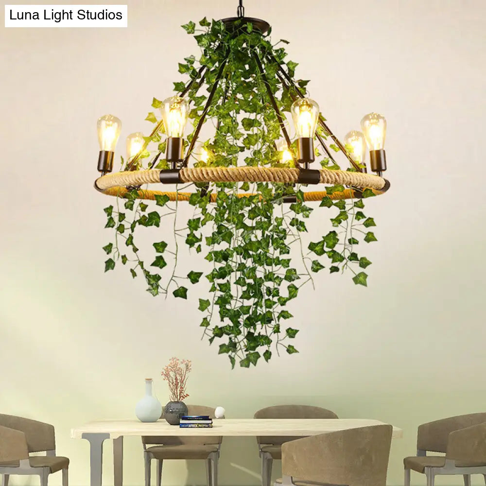 Green Circle Chandelier Lamp With Antique Manila Rope 6/8/14 Heads And Elegant Vine Deco Suspension