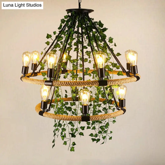 Green Circle Chandelier Lamp With Antique Manila Rope 6/8/14 Heads And Elegant Vine Deco Suspension