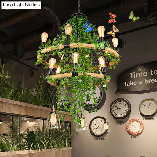 Green Circle Chandelier Lamp With Antique Manila Rope 6/8/14 Heads And Elegant Vine Deco Suspension