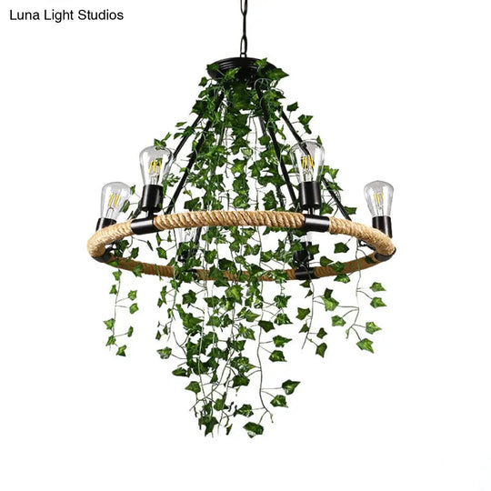 Green Circle Chandelier Lamp With Antique Manila Rope 6/8/14 Heads And Elegant Vine Deco Suspension