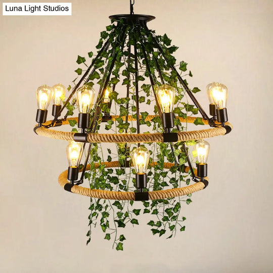 Antique Green Rope Chandelier With Vine Deco - 6/8/14 Heads