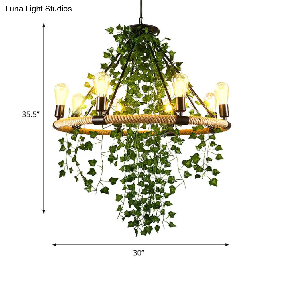 Green Circle Chandelier Lamp With Antique Manila Rope 6/8/14 Heads And Elegant Vine Deco Suspension