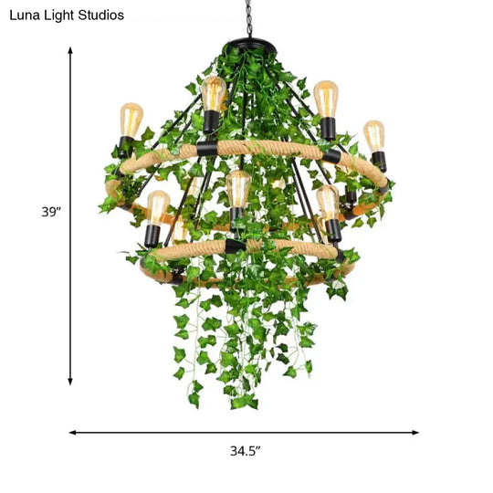 Green Circle Chandelier Lamp With Antique Manila Rope 6/8/14 Heads And Elegant Vine Deco Suspension