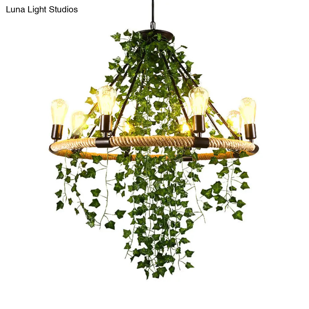 Green Circle Chandelier Lamp With Antique Manila Rope 6/8/14 Heads And Elegant Vine Deco Suspension