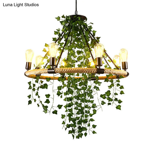 Green Circle Chandelier Lamp With Antique Manila Rope 6/8/14 Heads And Elegant Vine Deco Suspension