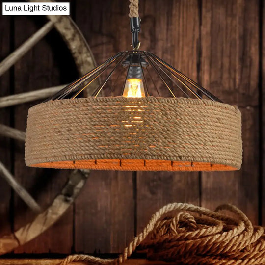 Handmade Antique Hemp Rope Drum Pendant Light For Restaurant