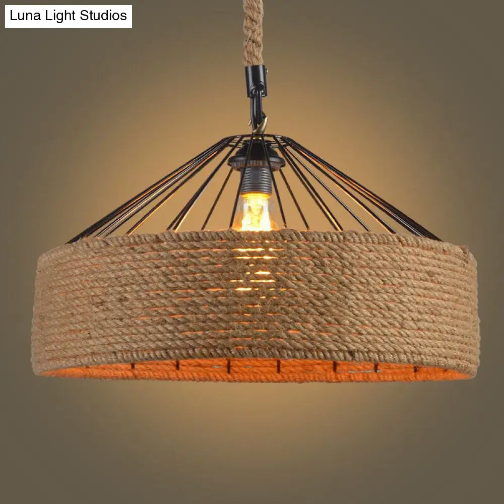 Handmade Antique Hemp Rope Drum Pendant Light For Restaurant Flaxen / Small