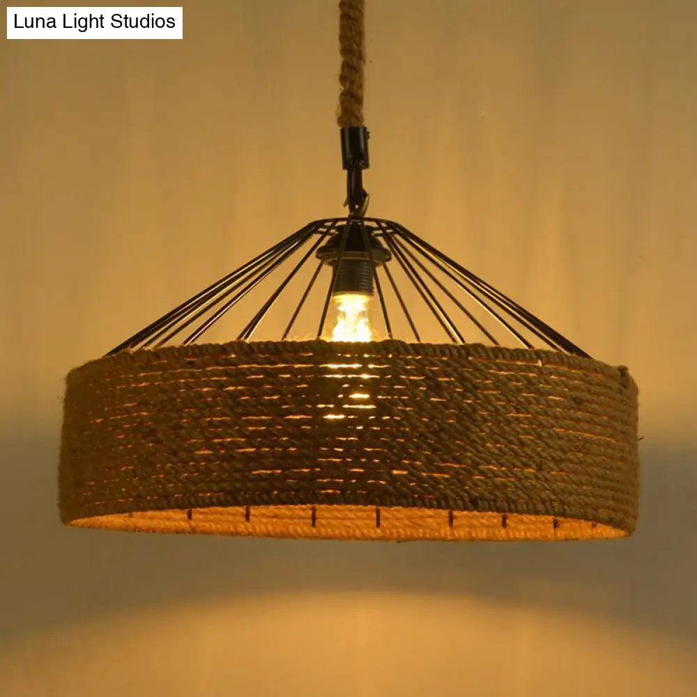 Handmade Antique Hemp Rope Drum Pendant Light For Restaurant