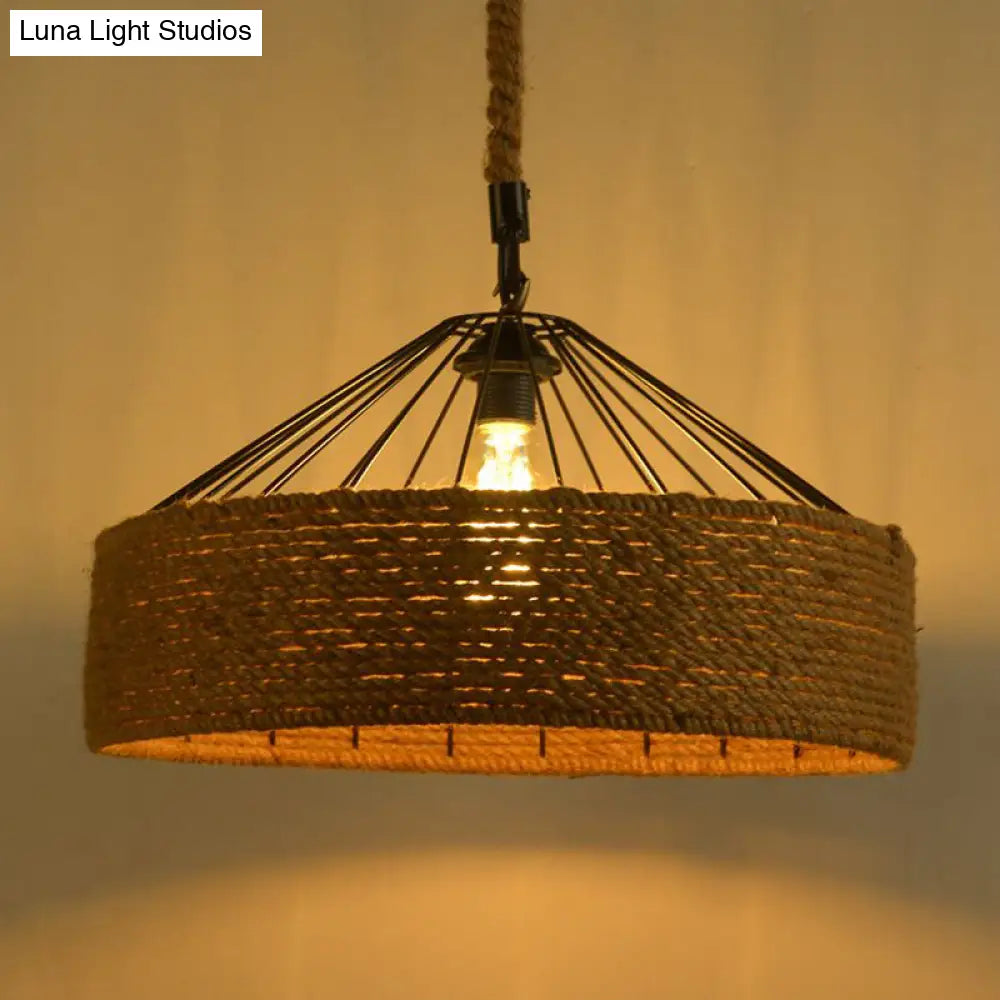 Antique Handmade Hemp Rope Drum Pendant Light - Flaxen Hanging Fixture