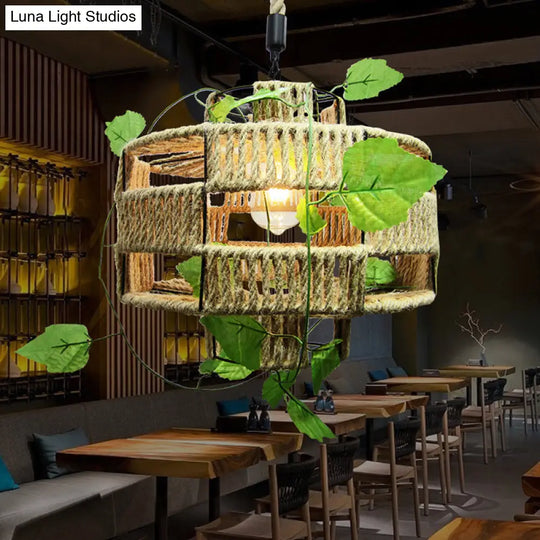 Antique Hemp Rope Lantern Restaurant Pendant Light With Ivy Décor - 1-Light Beige Hanging Fixture