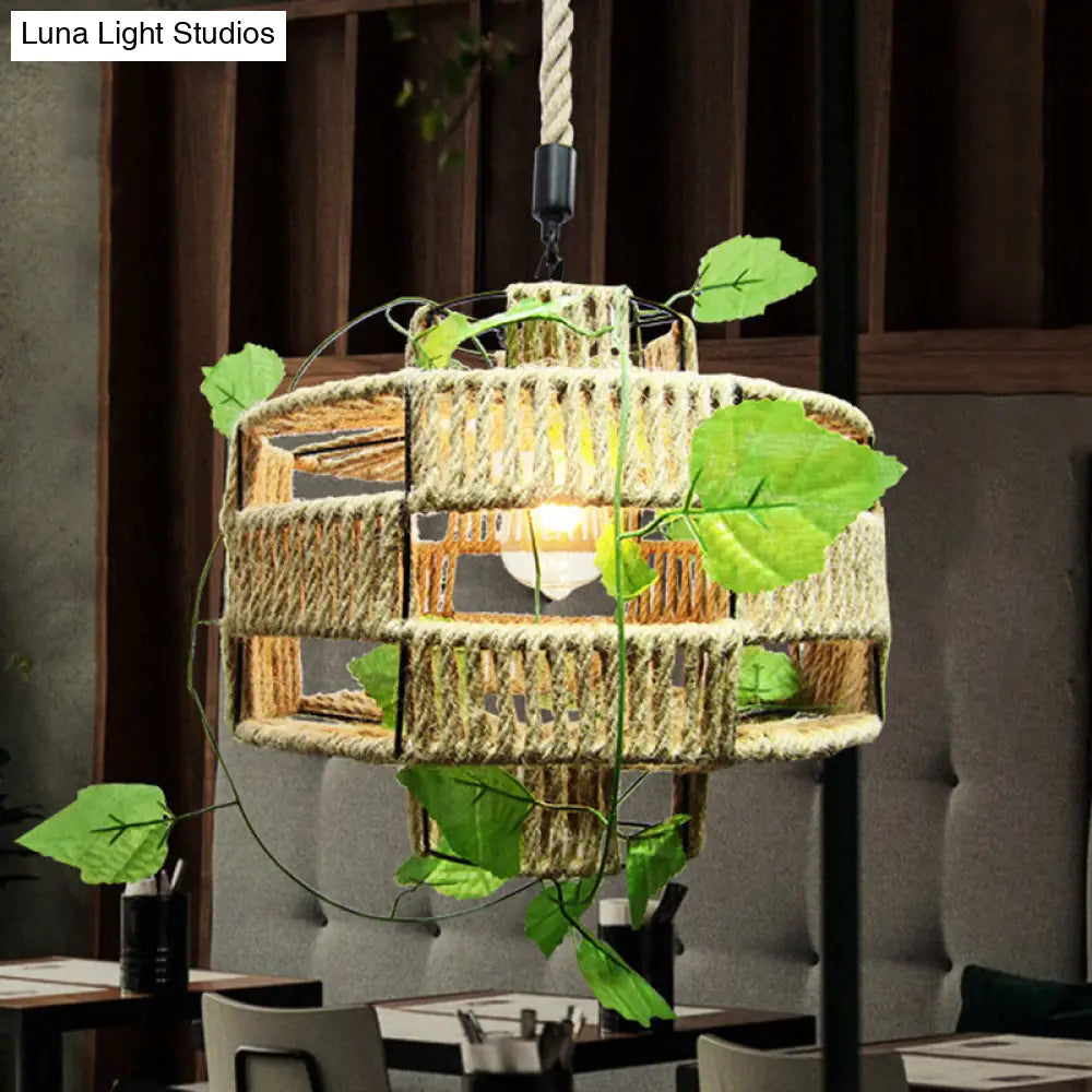 Antique Hemp Rope Lantern Pendant Light - Rustic 1-Light Hanging Fixture With Ivy Accents Beige