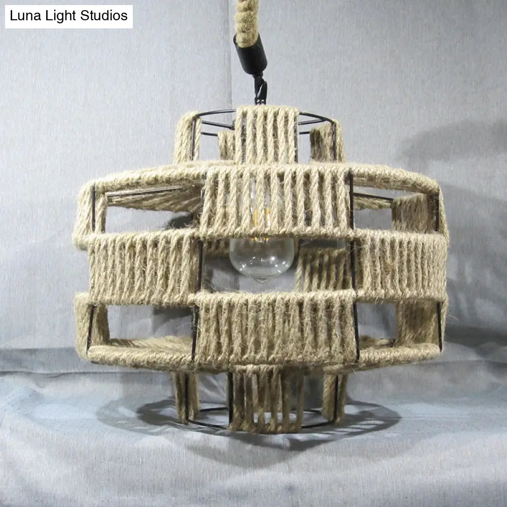 Antique Hemp Rope Lantern Restaurant Pendant Light With Ivy Décor - 1-Light Beige Hanging Fixture