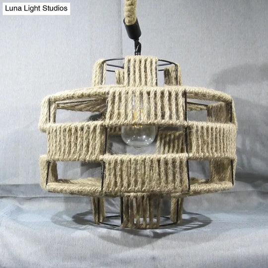 Antique Hemp Rope Lantern Pendant Light - Rustic 1-Light Hanging Fixture With Ivy Accents