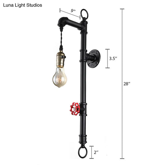 Antique Industrial Metal 1-Bulb Black Water Pipe Wall Mount Sconce Light For Dining Room With Valve