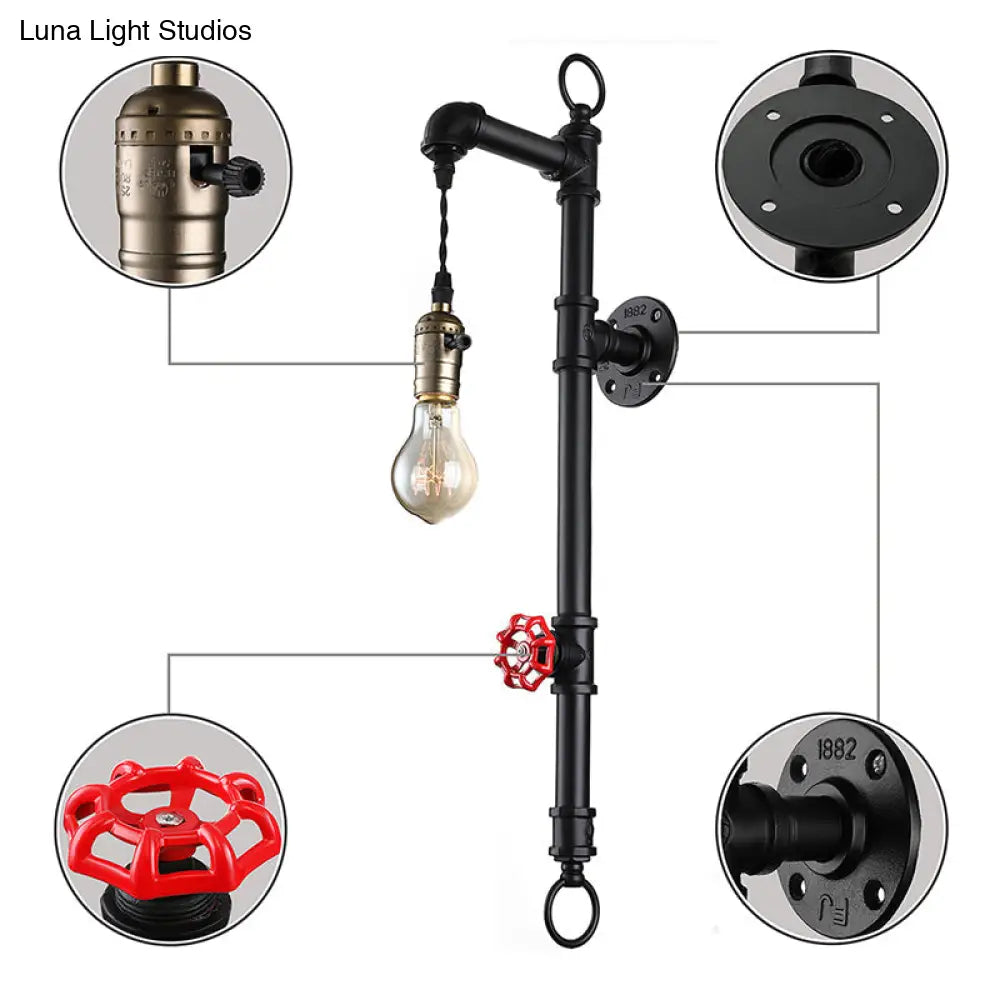 Antique Industrial Metal 1-Bulb Black Water Pipe Wall Mount Sconce Light For Dining Room With Valve