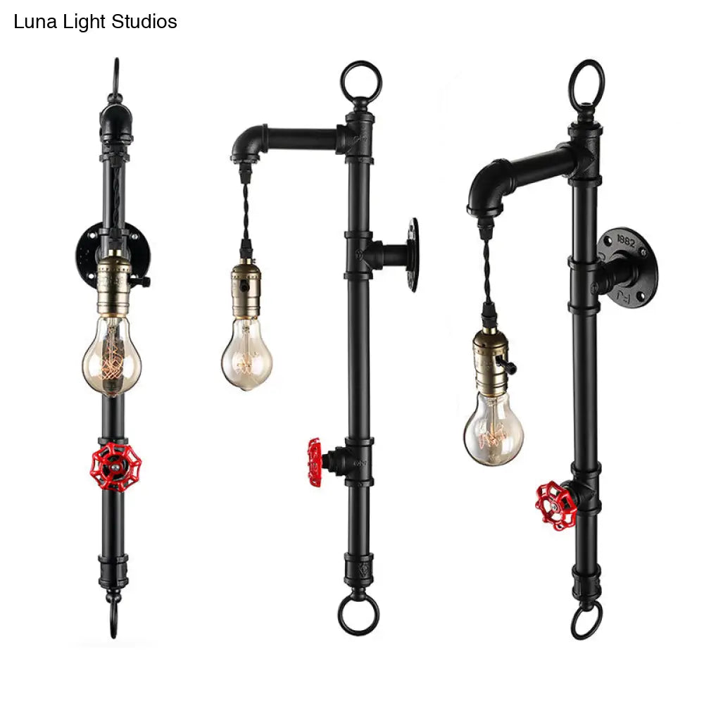 Antique Industrial Metal 1-Bulb Black Water Pipe Wall Mount Sconce Light For Dining Room With Valve