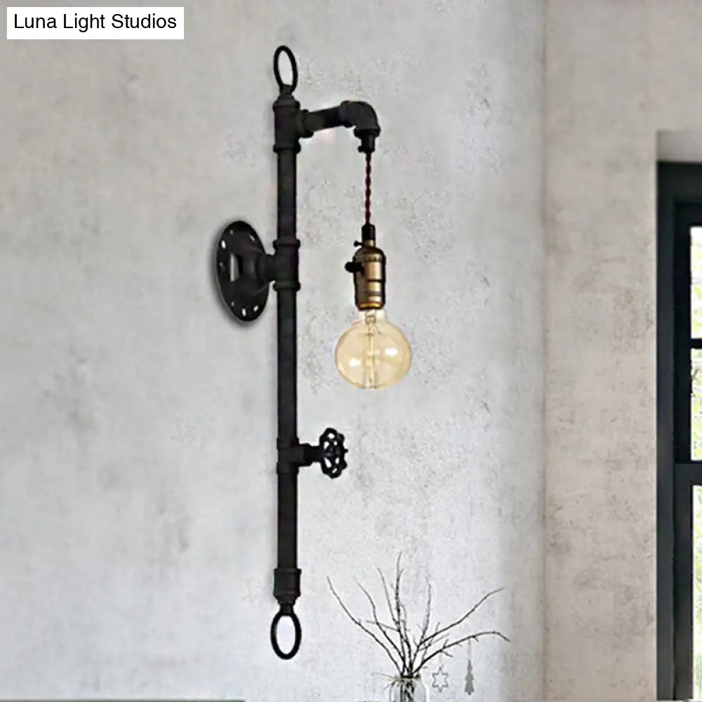 Antique Industrial Metal 1-Bulb Black Water Pipe Wall Mount Sconce Light For Dining Room With Valve