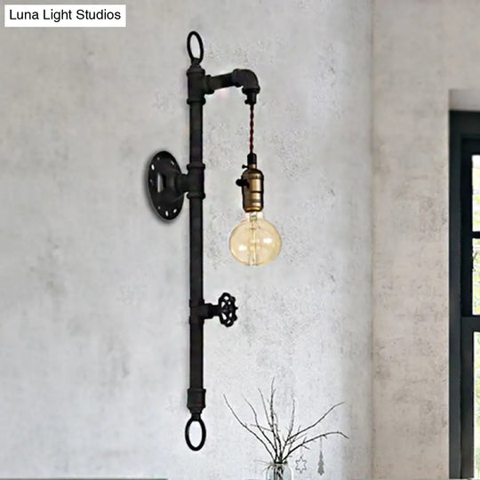 Antique Industrial Metal 1-Bulb Black Water Pipe Wall Mount Sconce Light For Dining Room With Valve