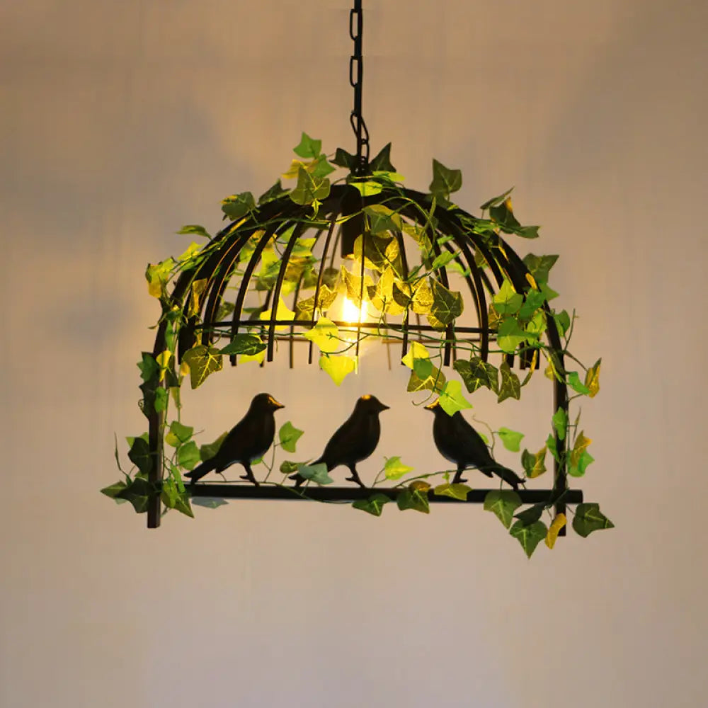 Antique Iron Birdcage Suspension Light With Green Artificial Ivy - Perfect For Restaurant Island