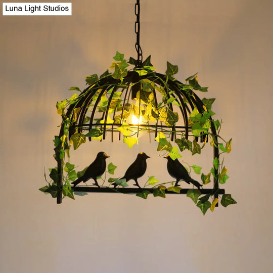 Iron Birdcage Suspension Light: Antique Restaurant Island Chandelier With Green Artificial Ivy 1 /