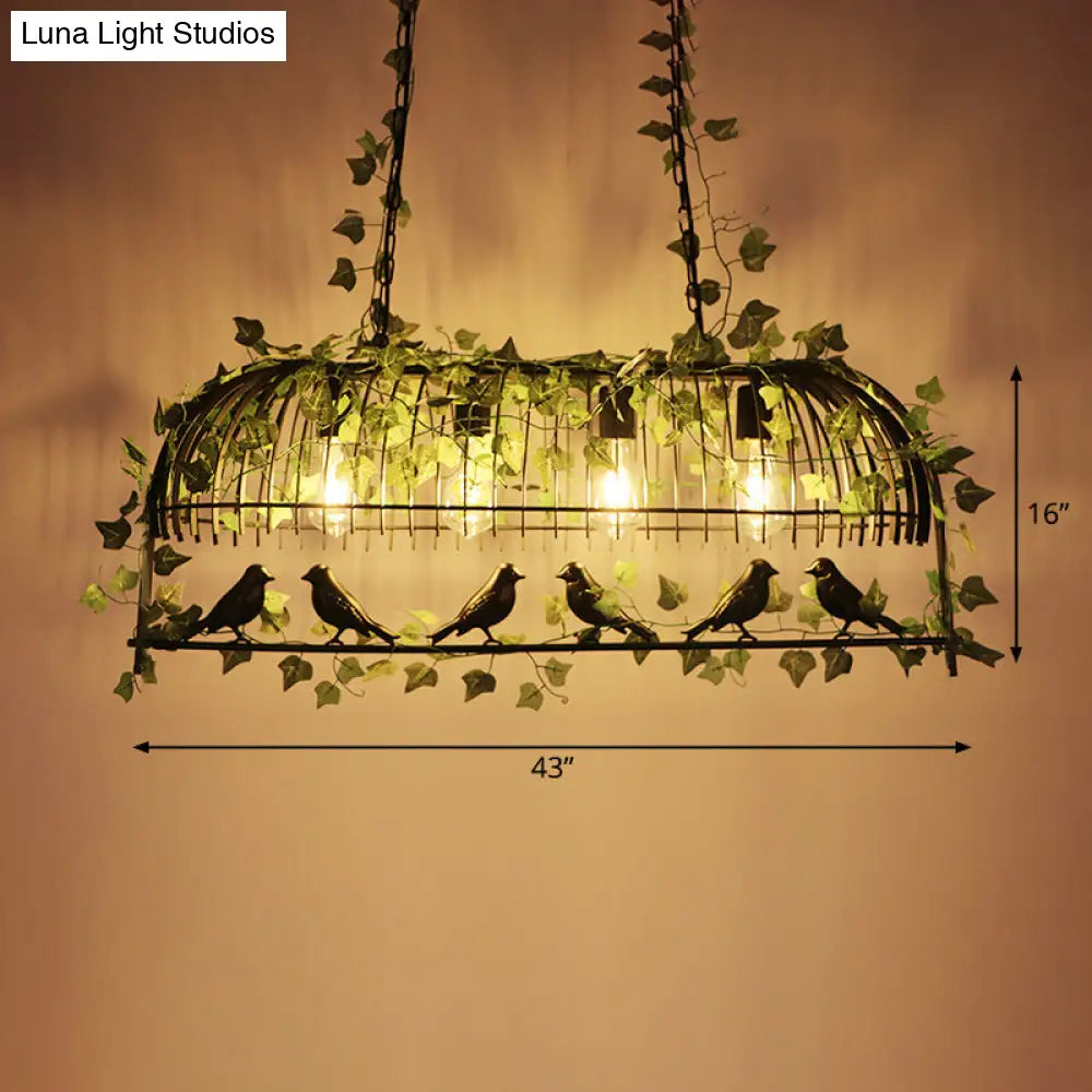 Iron Birdcage Suspension Light: Antique Restaurant Island Chandelier With Green Artificial Ivy