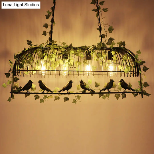 Iron Birdcage Suspension Light: Antique Restaurant Island Chandelier With Green Artificial Ivy 4 /