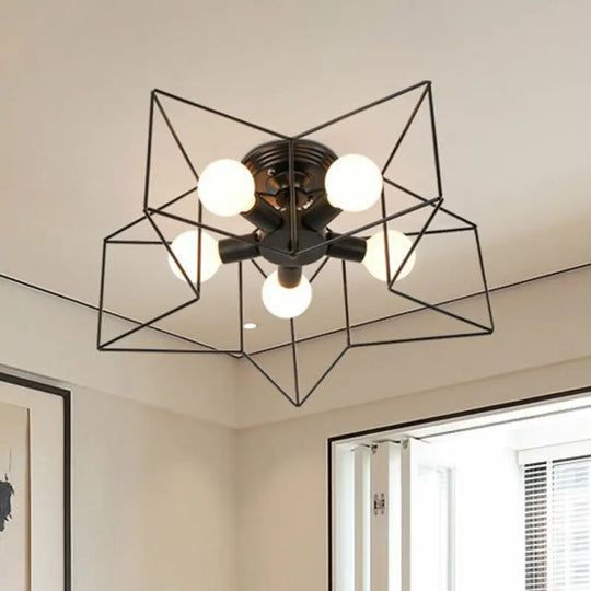 Antique Iron Flush Mount Ceiling Light With 5 Heads Semi Fixture – Perfect For Bedroom Black