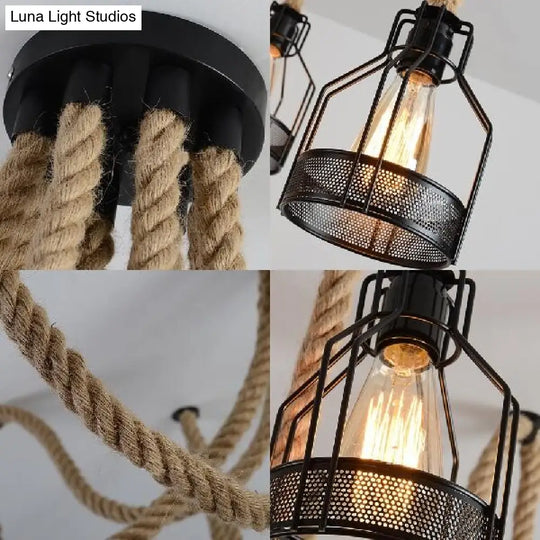 Antique Iron Wire Cage Pendant Light With Black Swag Ceiling Fixture - 8 Bulbs + Hemp Rope Ideal For