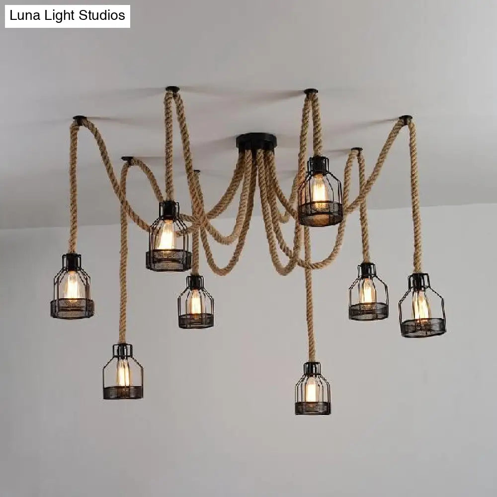 Antique Iron Wire Cage Pendant Light With Black Swag Ceiling Fixture - 8 Bulbs + Hemp Rope Ideal For