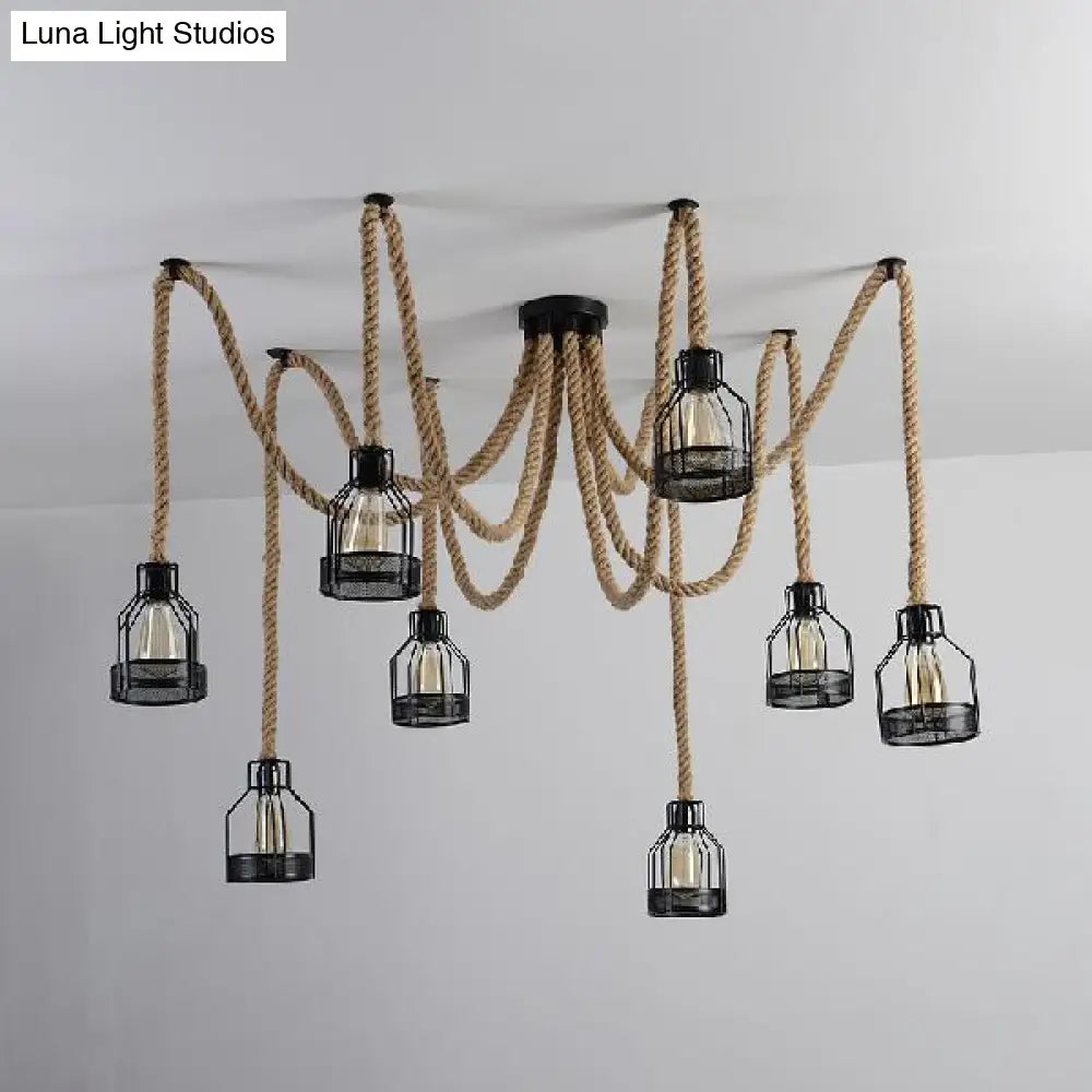 Antique Iron & Hemp Rope Swag Ceiling Fixture: Black Wire Cage Shade 8 Bulbs - Restaurant Hanging