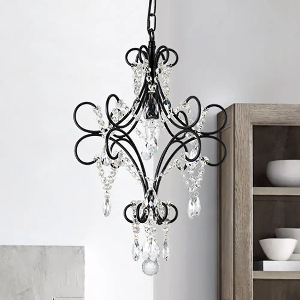 Antique Iron Pendant Light With Black Curve Arm And Crystal Accent - 1 Ceiling Fixture