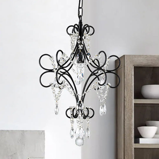 Antique Iron Pendant Light With Black Curve Arm And Crystal Accent - 1 Ceiling Fixture