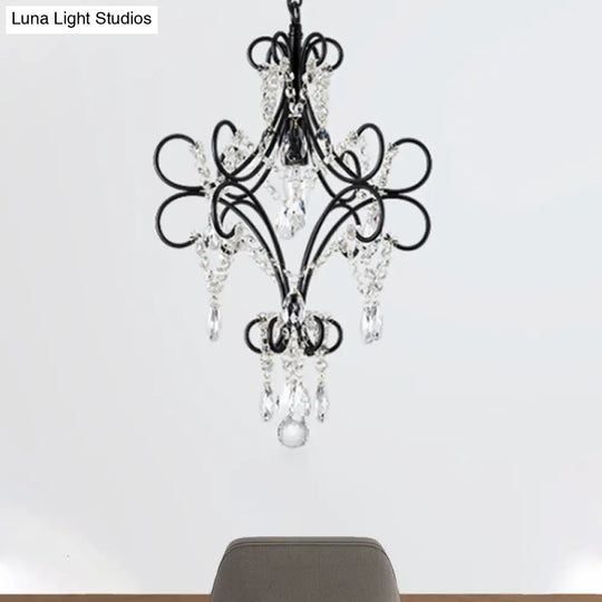 Antique Iron Pendant Light With Black Curve Arm And Crystal Accent - 1 Ceiling Fixture